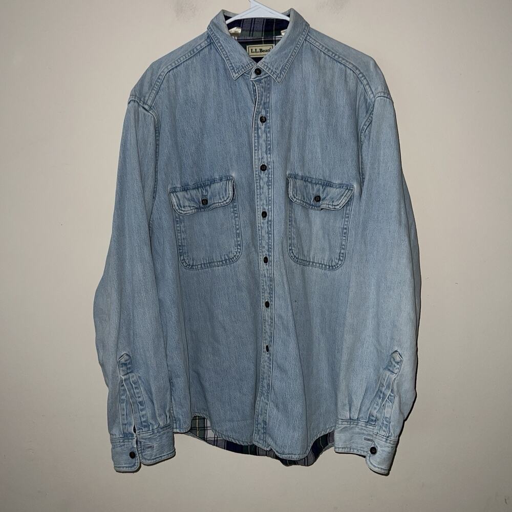 Vintage LL Bean Shirt Denim Mens Large Blue Button Up Flannel Lined Made USA 90s